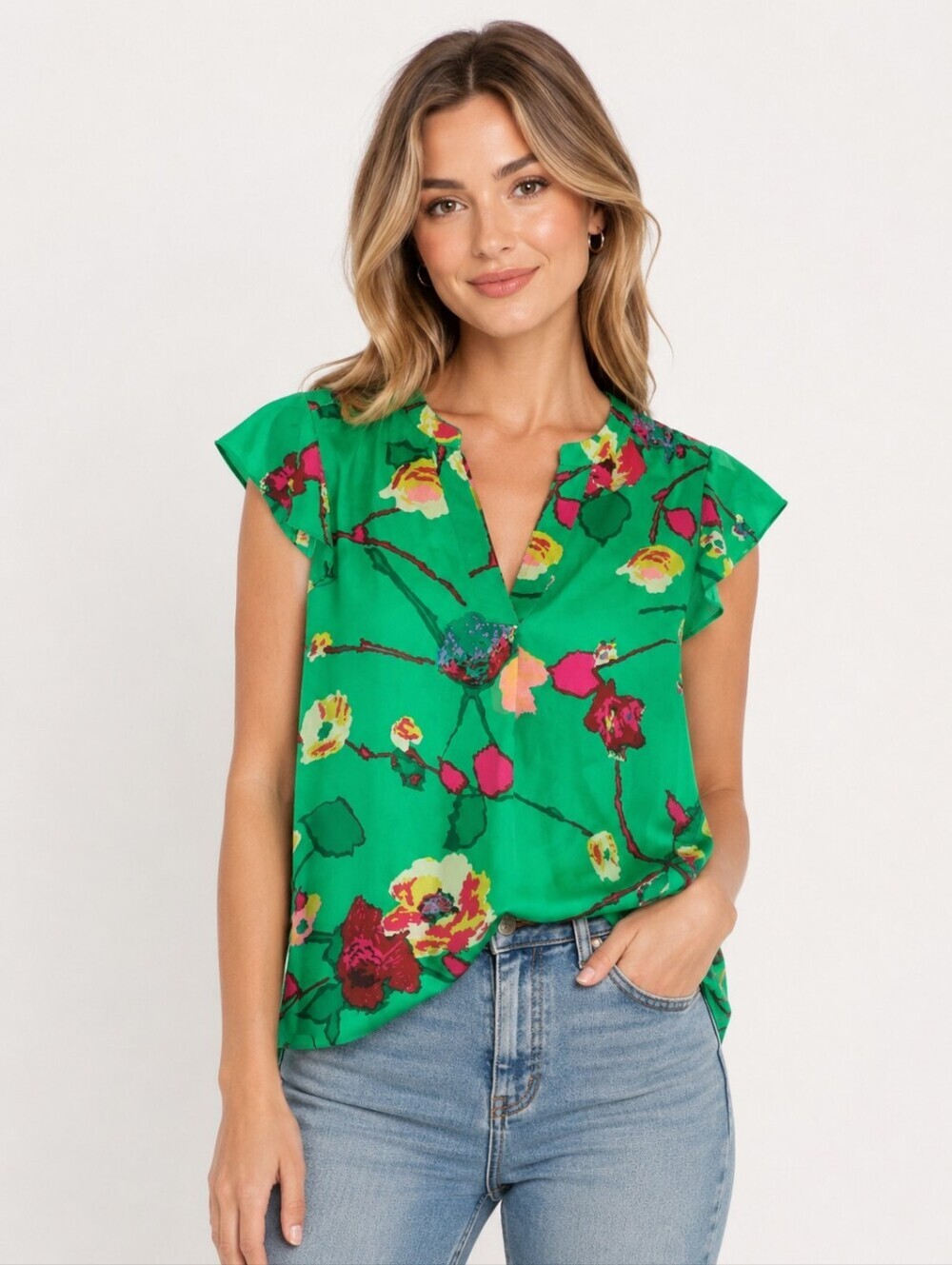 J. CREW Floral V-Neck Cap Flutter Sleeve Blouse Sz 4 Lightweight Spring/Summer